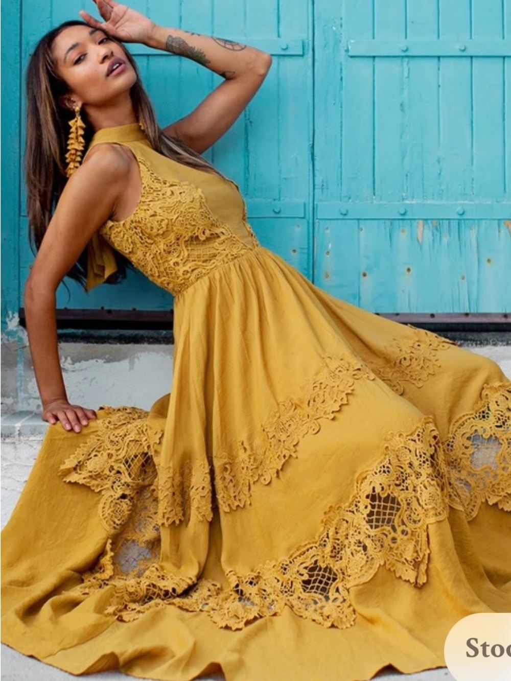 Joyfolie Mustard Yellow Lace Halter Maxi Dress Sz XXS NWT Open Back Boho - Picture 3 of 16